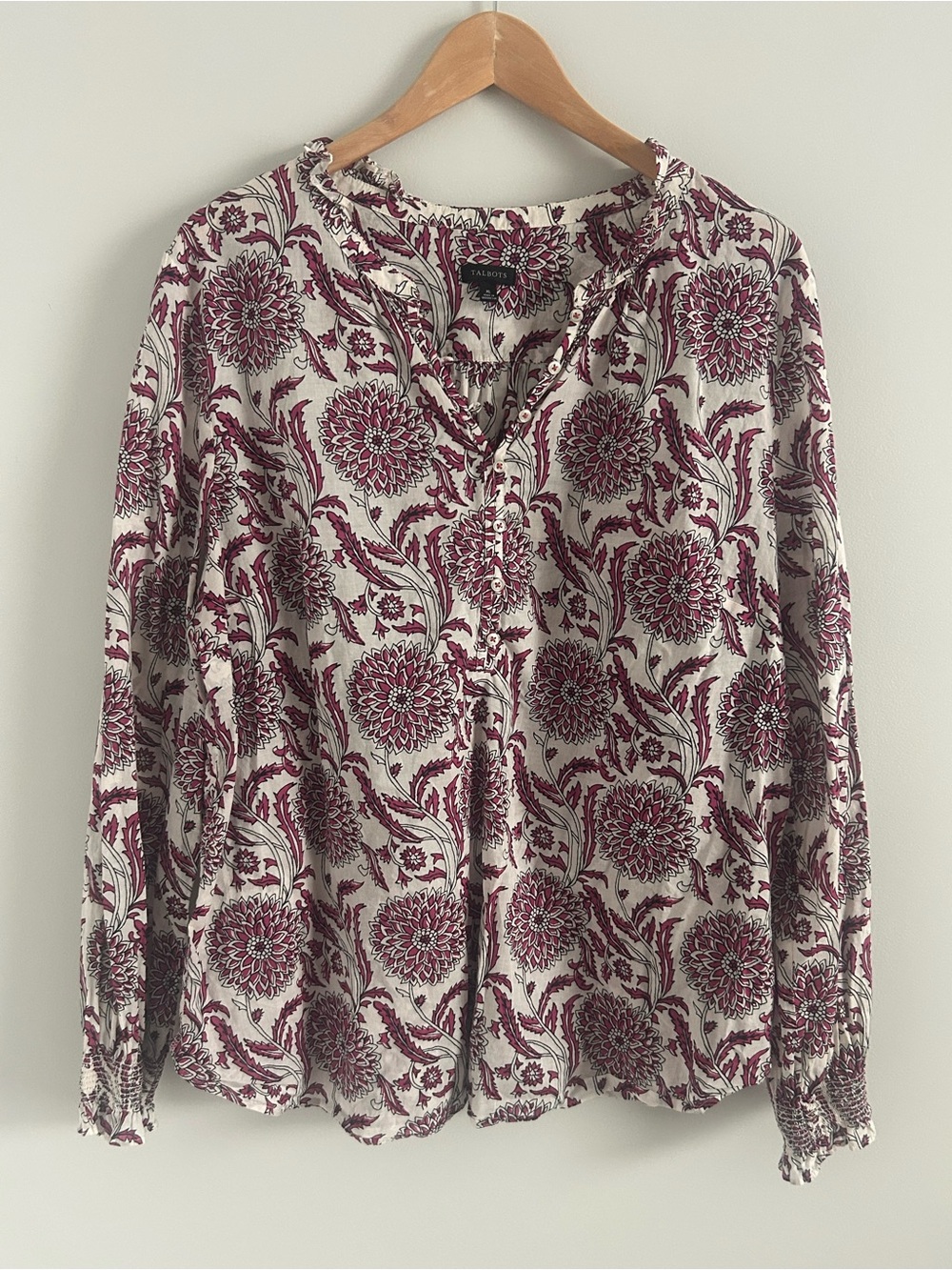 Talbots Chrysanthemum Ruffle Trim 100% Cotton Popover Blouse, Size XL